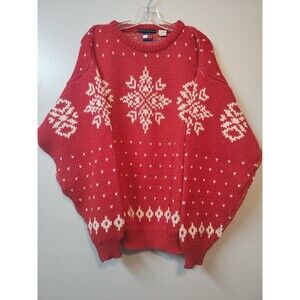 Vintage 1989's Tommy Hilfiger 100% Wool Sweater Red Christmas Snowflake SZ L